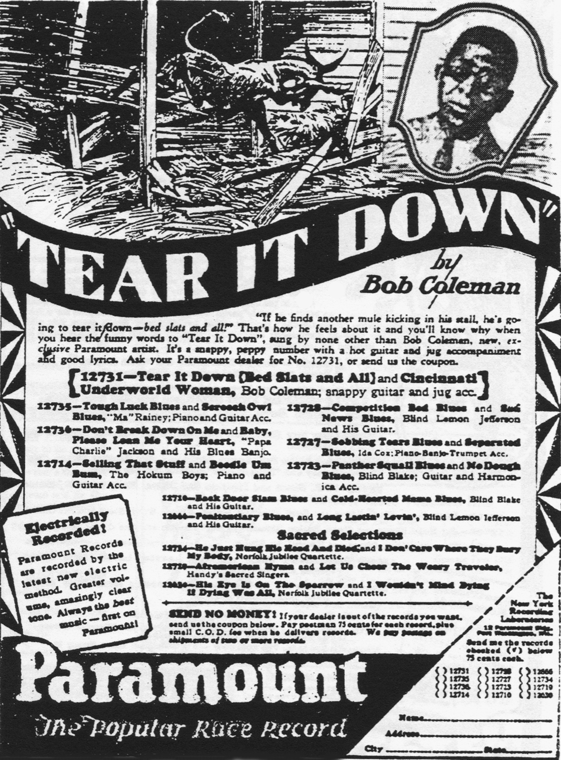 "A black-and-white vintage Paramount Records advertisement for Bob Coleman's song 'Tear It Down,' featuring bold typography, a sketched illustration of a mule, and a portrait of Coleman."