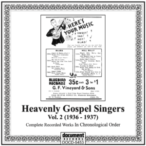 Cover image for Document Records CD DOCD-5453 featuring a vintage Bluebird Records advert with illustrations and listings of blues and hillbilly recordings, representing Heavenly Gospel Singers – Complete Recorded Works Vol. 2 (1936–193