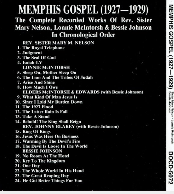 Black-and-white back insert featuring the track list for the album Memphis Gospel 1927–1929 by Document Records