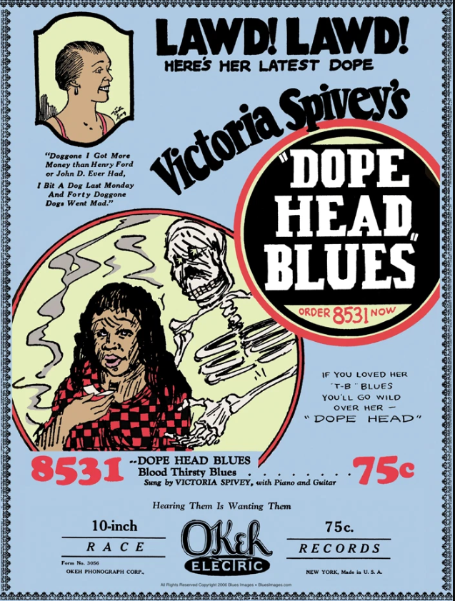 Vintage 1920s Okeh Records Halloween-style poster for Victoria Spivey’s Dope Head Blues and Blood Thirsty Blues.