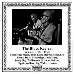 Cover of 'The Blues Revival Volume 1 (1963-1969)' featuring a black-and-white image of two musicians performing, with text listing artists like Sleepy John Estes, Brownie McGhee, and others, produced by Document Records