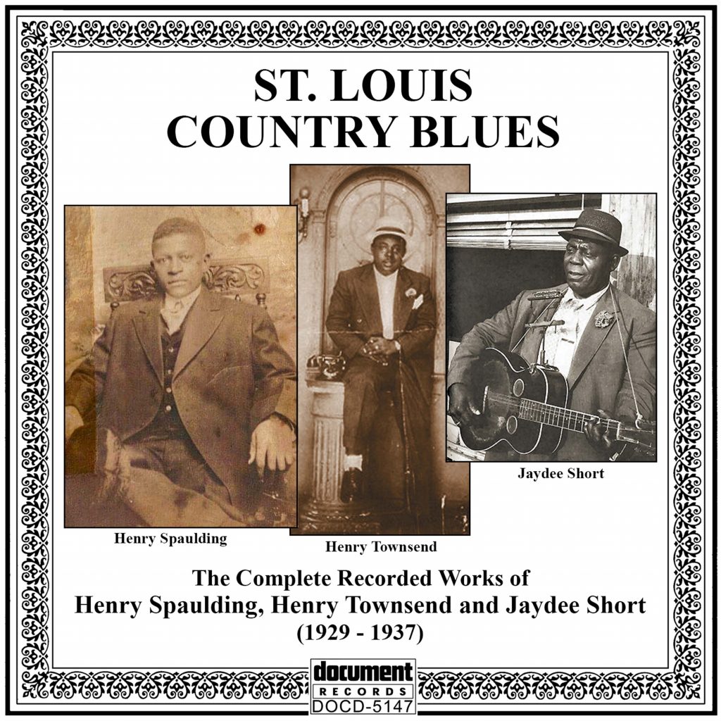 Album cover for 'St. Louis Country Blues' by Document Records, featuring sepia and black-and-white photographs of Henry Spaulding, Henry Townsend, and Jaydee Short in vintage attire, with a decorative border and bold typography