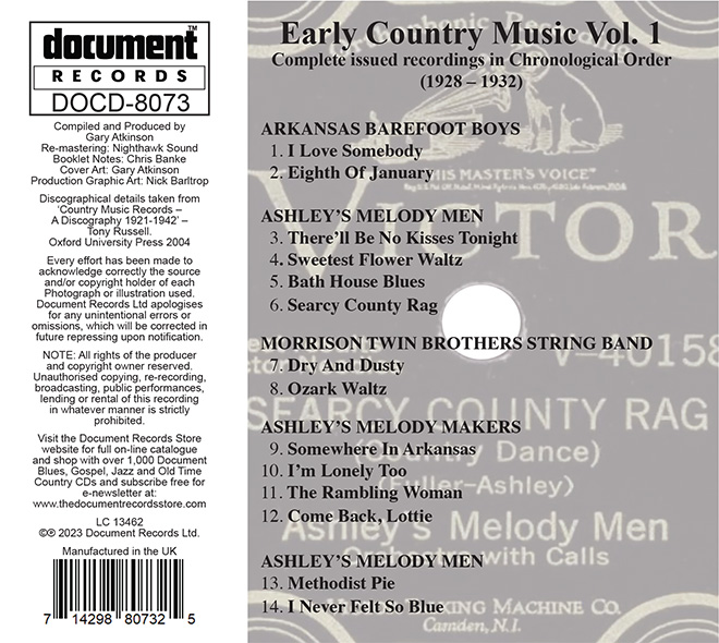 Tracklist for Early Country Music Vol. 1: There’ll Be No Kisses Tonight (1928-1932) featuring 16 tracks from various old-time country music bands