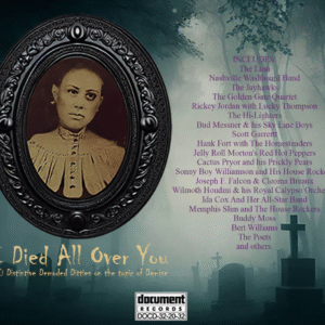 Vintage-style Halloween album cover for "I Died All Over You" from Document Records, featuring a sepia portrait of a woman in an ornate black frame, set against a misty graveyard backdrop. Includes artist names such as The Jayhawks, Jelly Roll Morton, and Ida Cox.
