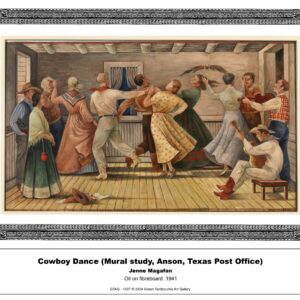 "GTAG A2 Poster featuring 'Cowboy Dance (mural study, Anson, Texas Post Office)' by Jenne Magafan, originally painted in 1941."