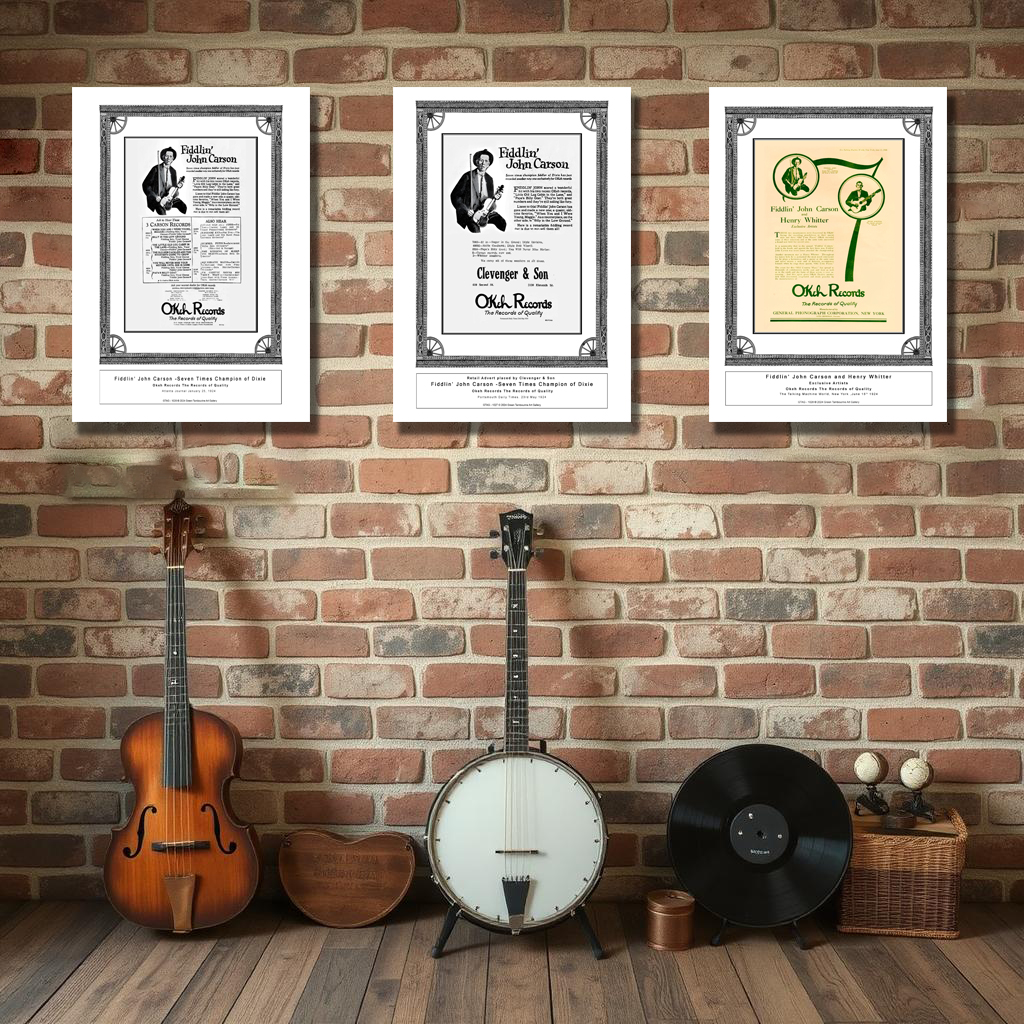 "Bundle of 3 A3 fine art prints featuring vintage 1924 OKeh Records adverts for Fiddlin' John Carson and Henry Whitter. Displayed against a brick wall with instruments."