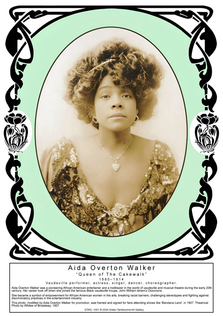 "Sepia portrait of Aida Overton Walker with a green background and Art Deco border, 1907 promotional photo for Bandana Land, New York."