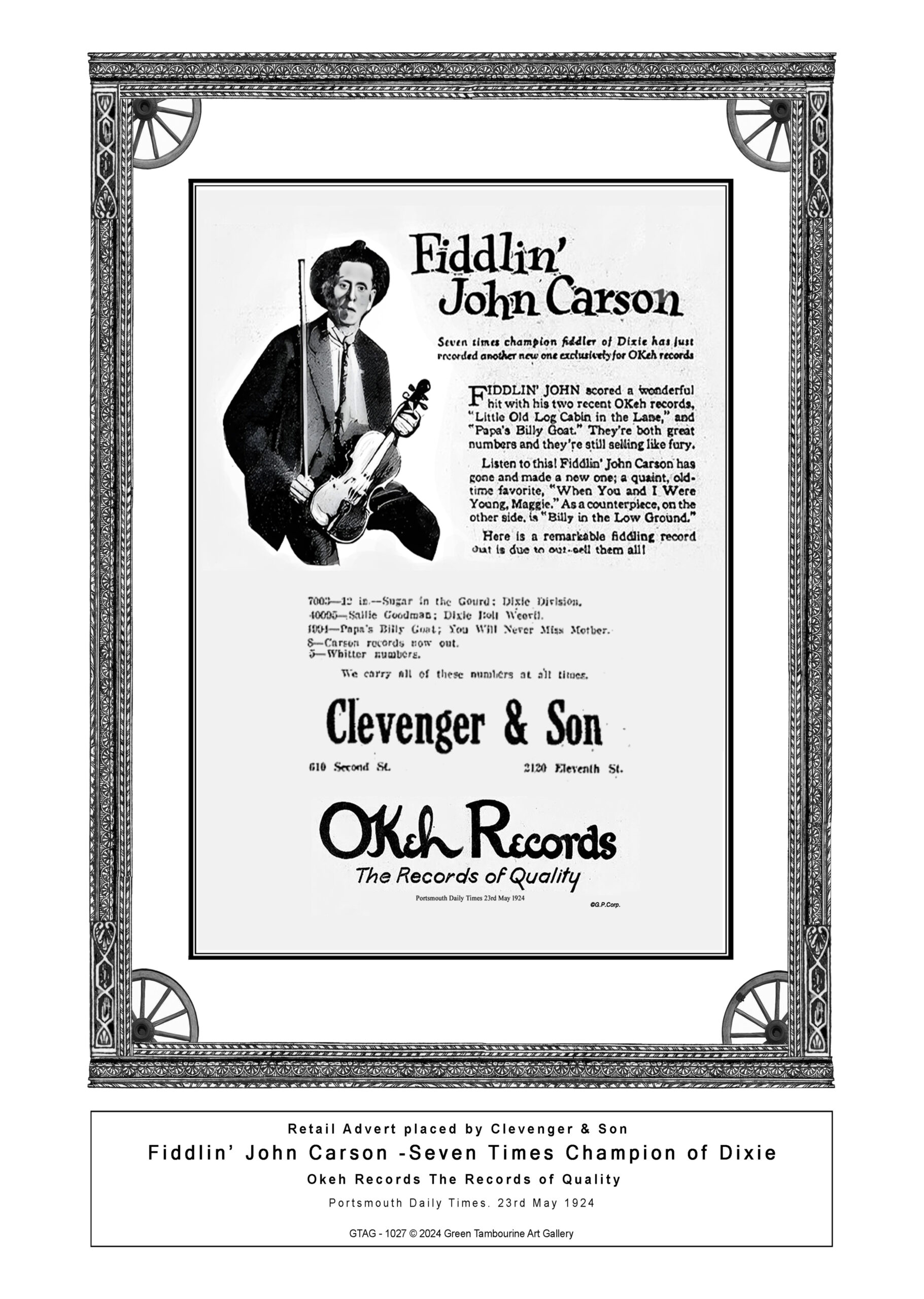An Image of the Fiddlin 'John Carson OKeh Records Advert repurposed by Clevenger and Son