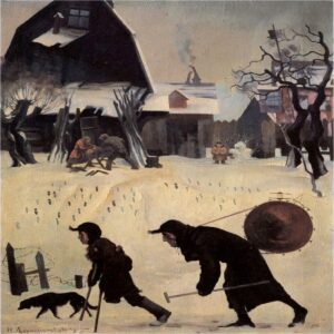 Street musicians walking through a snowy village, one carrying a large drum and the other using a crutch, accompanied by a dog. Muted tones reflect the bleak winter landscape.