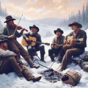 (Musicians by the Campfire): A group of musicians playing guitar, fiddle, and banjo around a snowy campfire. Designed by Atkinson & Crosby for Old Time Anytime – Snowy Camp Fire Christmas Cards.