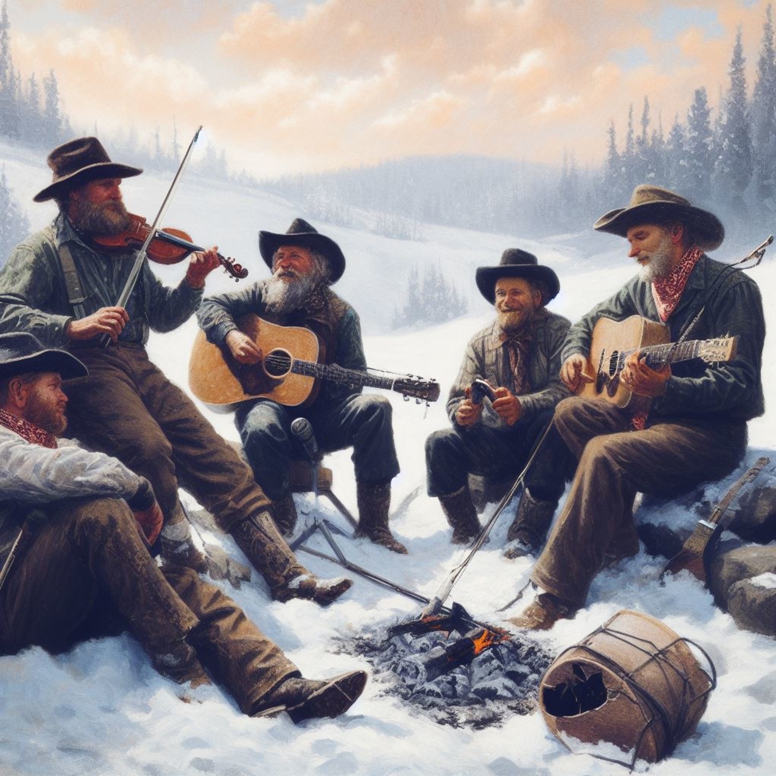 (Musicians by the Campfire): A group of musicians playing guitar, fiddle, and banjo around a snowy campfire. Designed by Atkinson & Crosby for Old Time Anytime – Snowy Camp Fire Christmas Cards.
