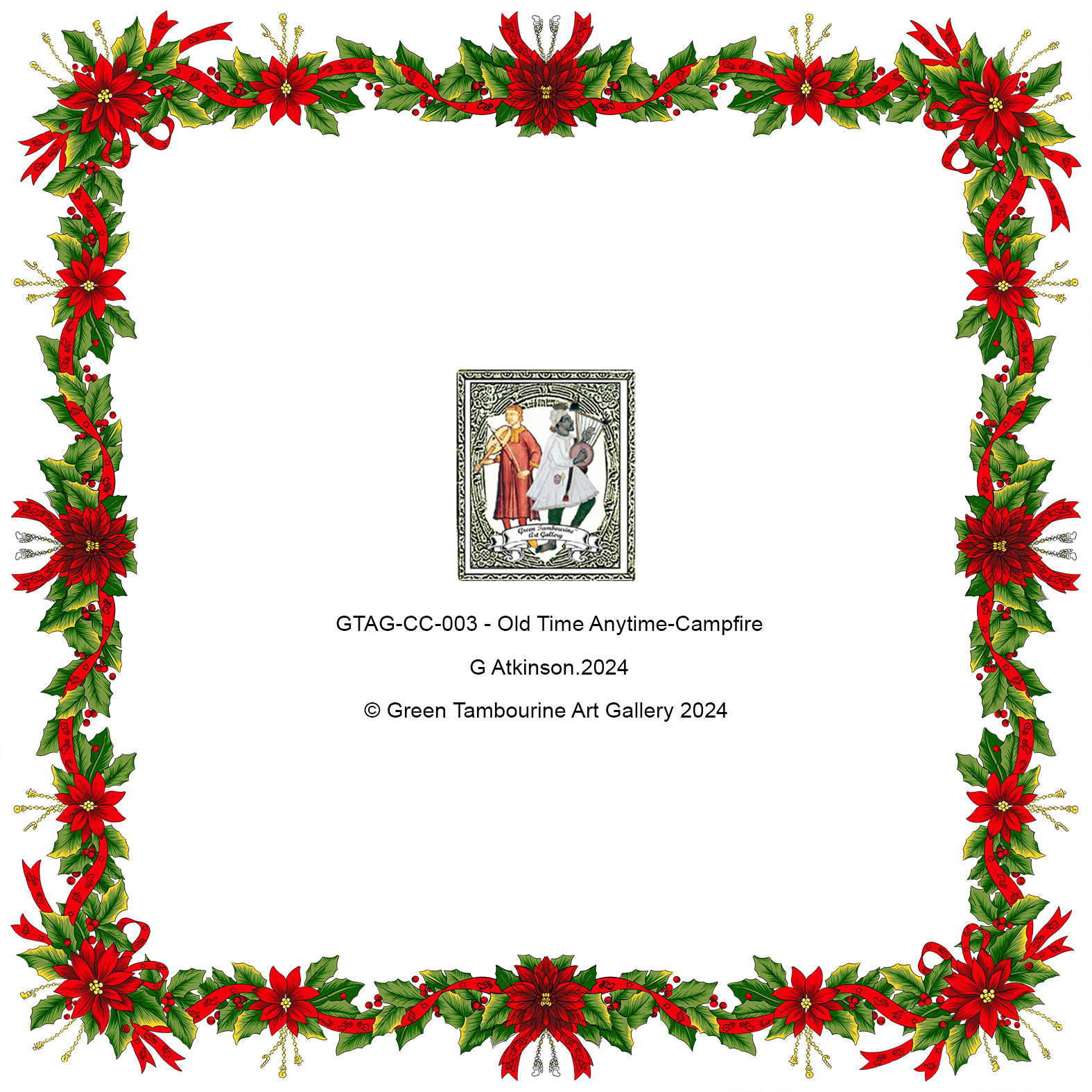 Back design of Old Time Anytime – Snowy Camp Fire Christmas Cards featuring festive holly and artist details.