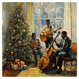 Three musicians playing guitar and bass beside a Christmas tree in a cozy, festive setting. Around The Tree Winter Musicians Christmas Cards front design