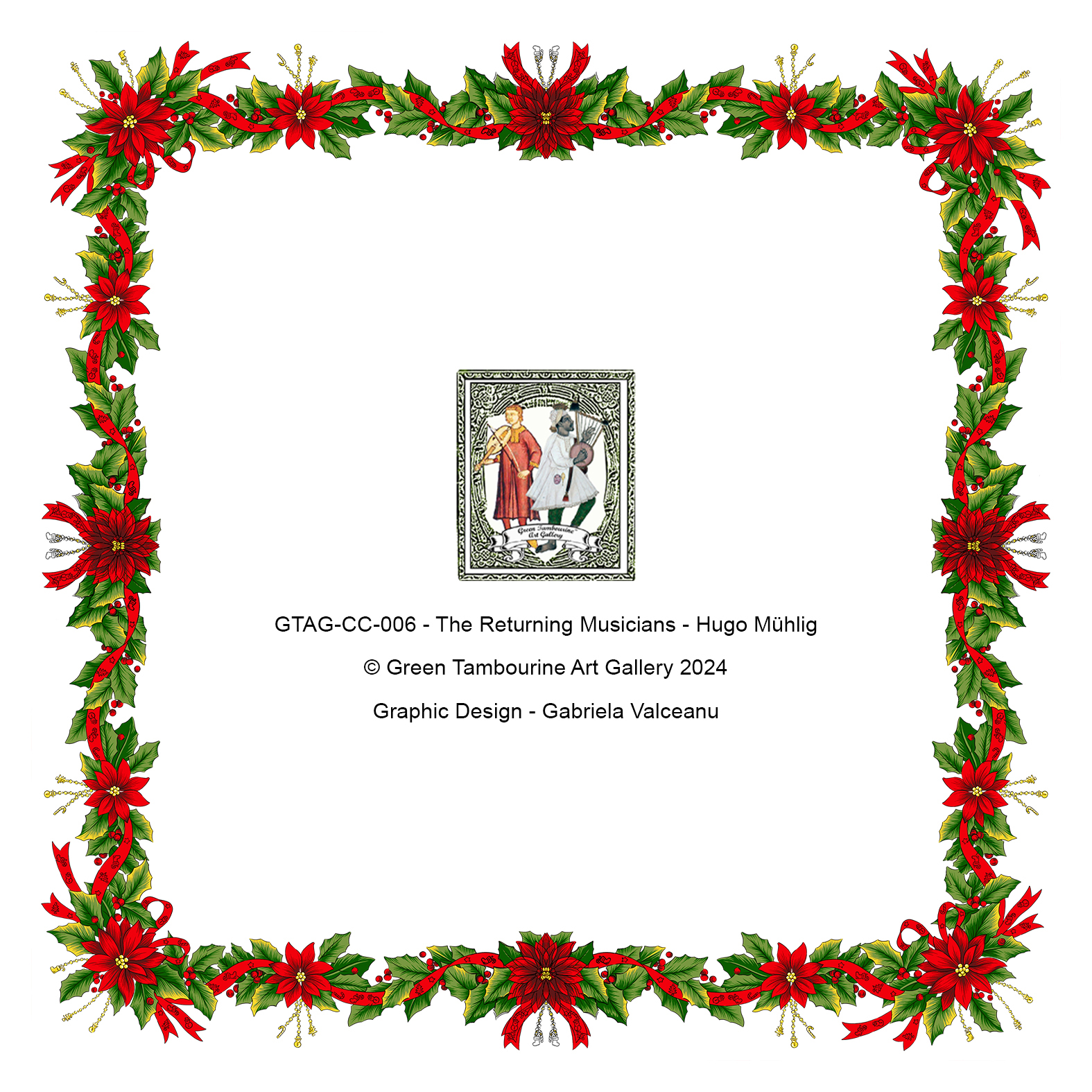.Back of Musicians Returning Home Christmas Card with a festive Cuetlaxochitl border design.