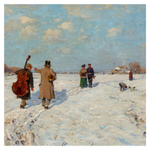 Musicians Returning Home Christmas Card front design featuring artwork by Hugo Mühlig.
