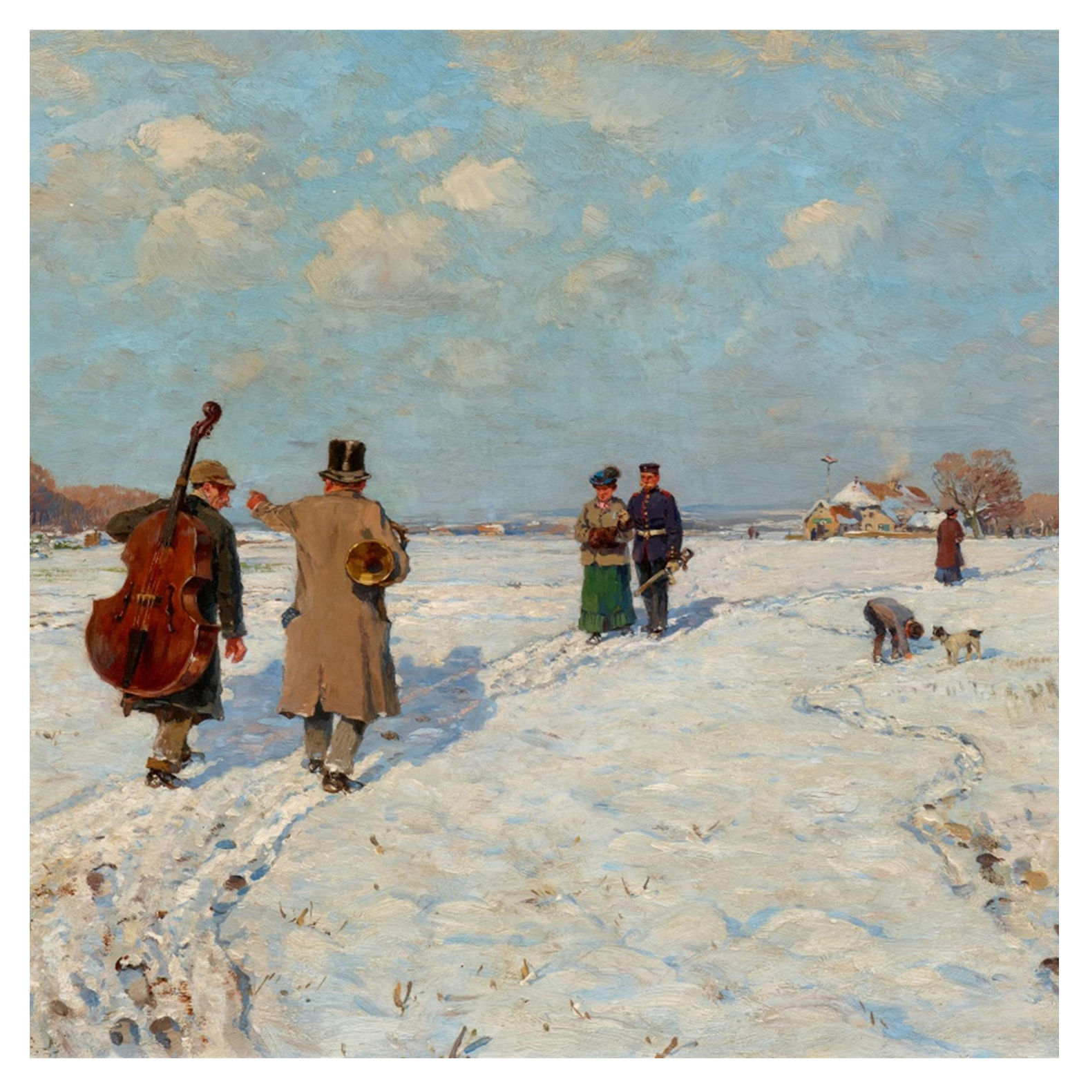 Musicians Returning Home Christmas Card front design featuring artwork by Hugo Mühlig.