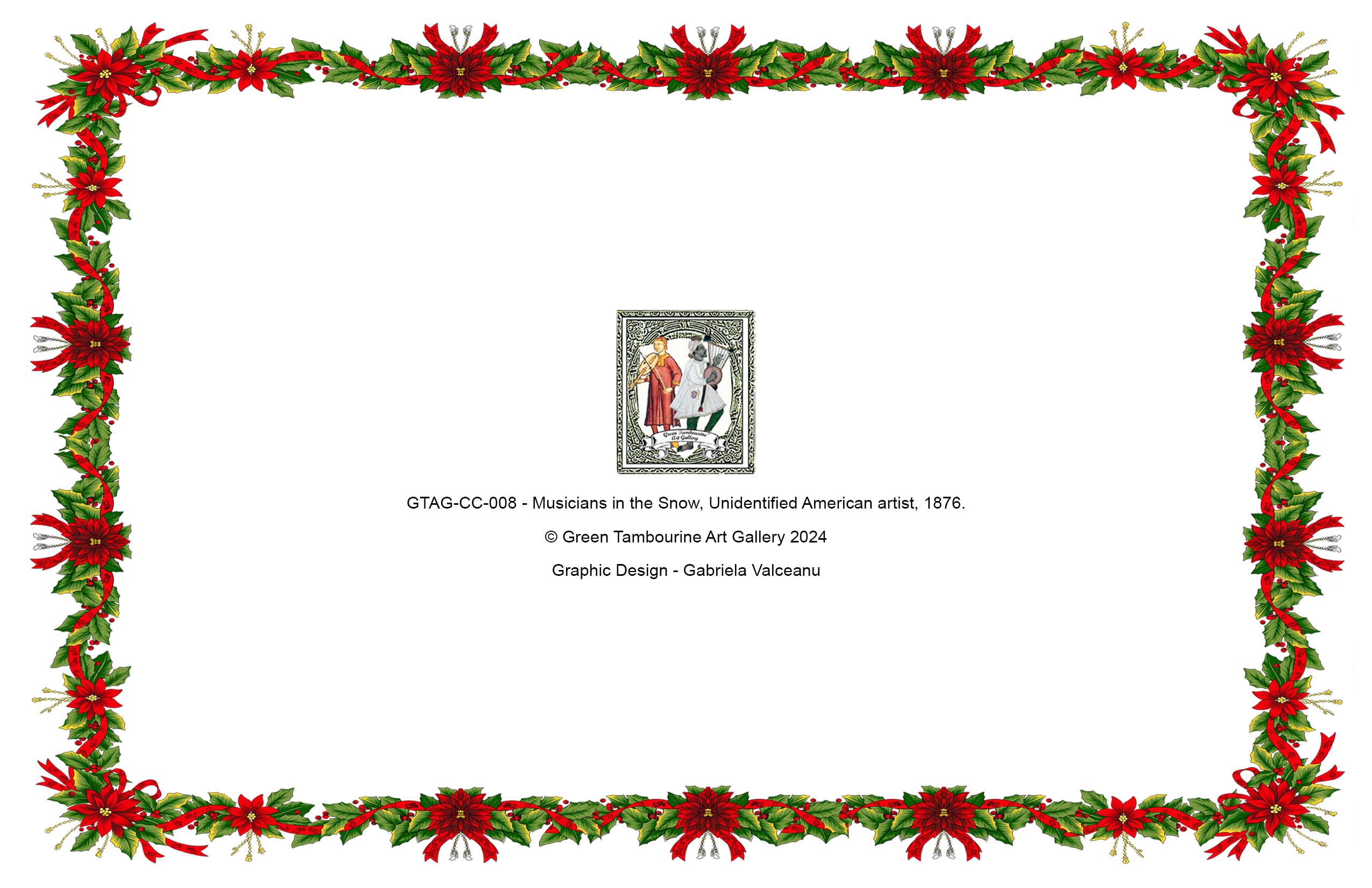 Back of "Musicians in the Snow" Christmas Card with festive Cuetlaxochitl border design.