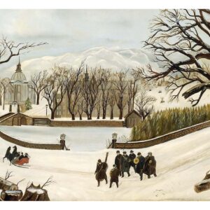"Musicians in the Snow" Christmas Card front design featuring a winter scene by an unidentified American artist, 1876.