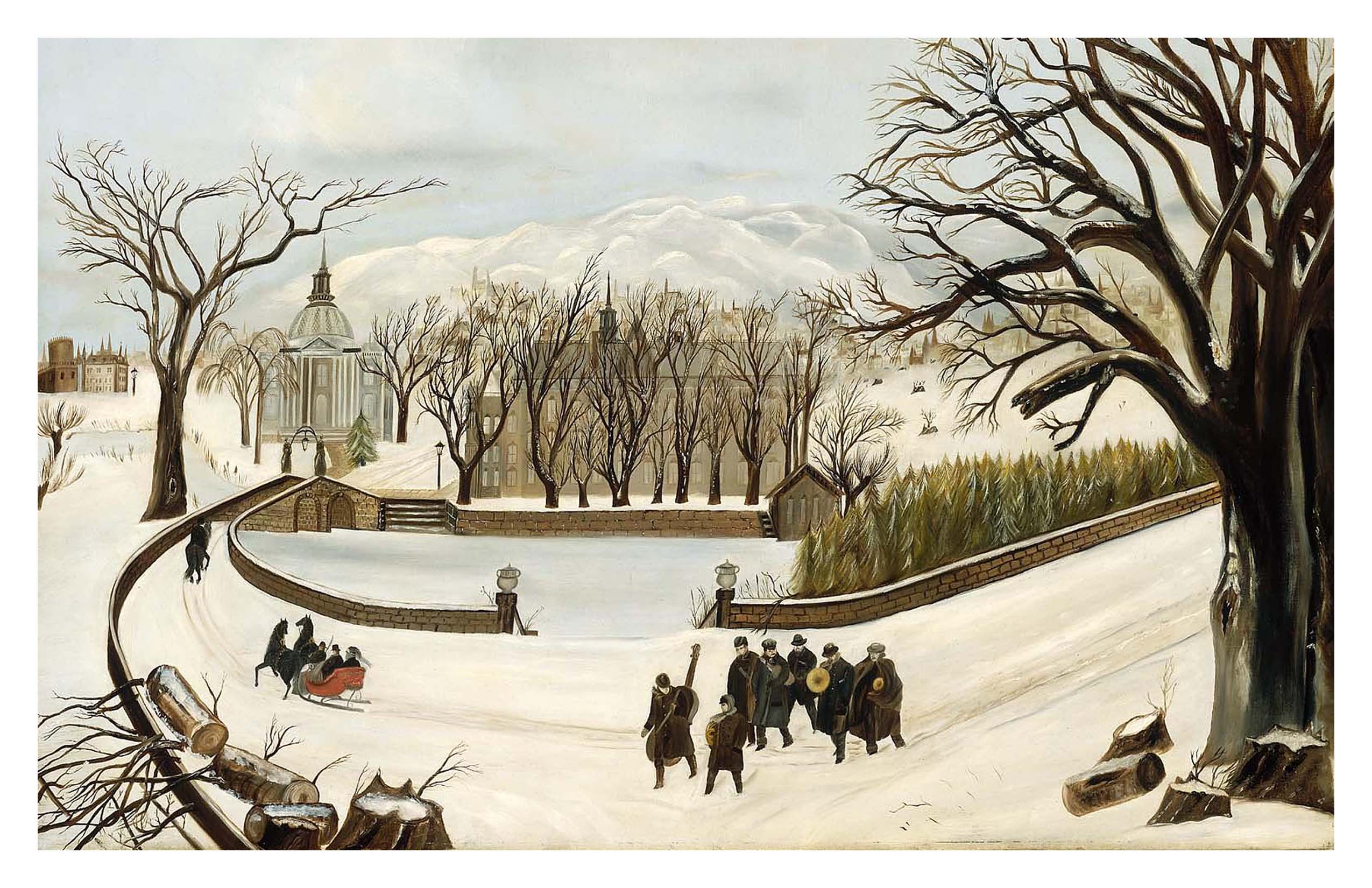 "Musicians in the Snow" Christmas Card front design featuring a winter scene by an unidentified American artist, 1876.