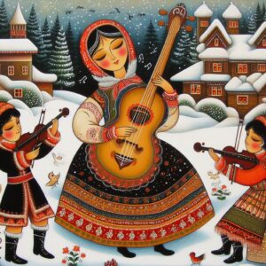 Folk musicians playing guitar and violin in a snowy village. Winter Folk Art Musicians Christmas Cards.