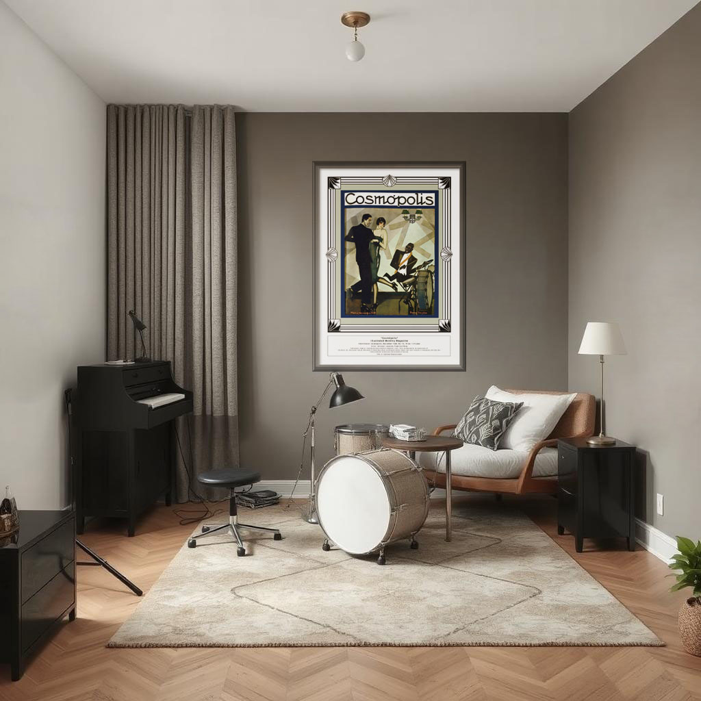 Framed Spanish jazz Fine Art Print "Cosmópolis, "Jazz Cover" November 1928, No. 12" displayed in a sophisticated music room with a drum set, piano, and warm-toned decor."