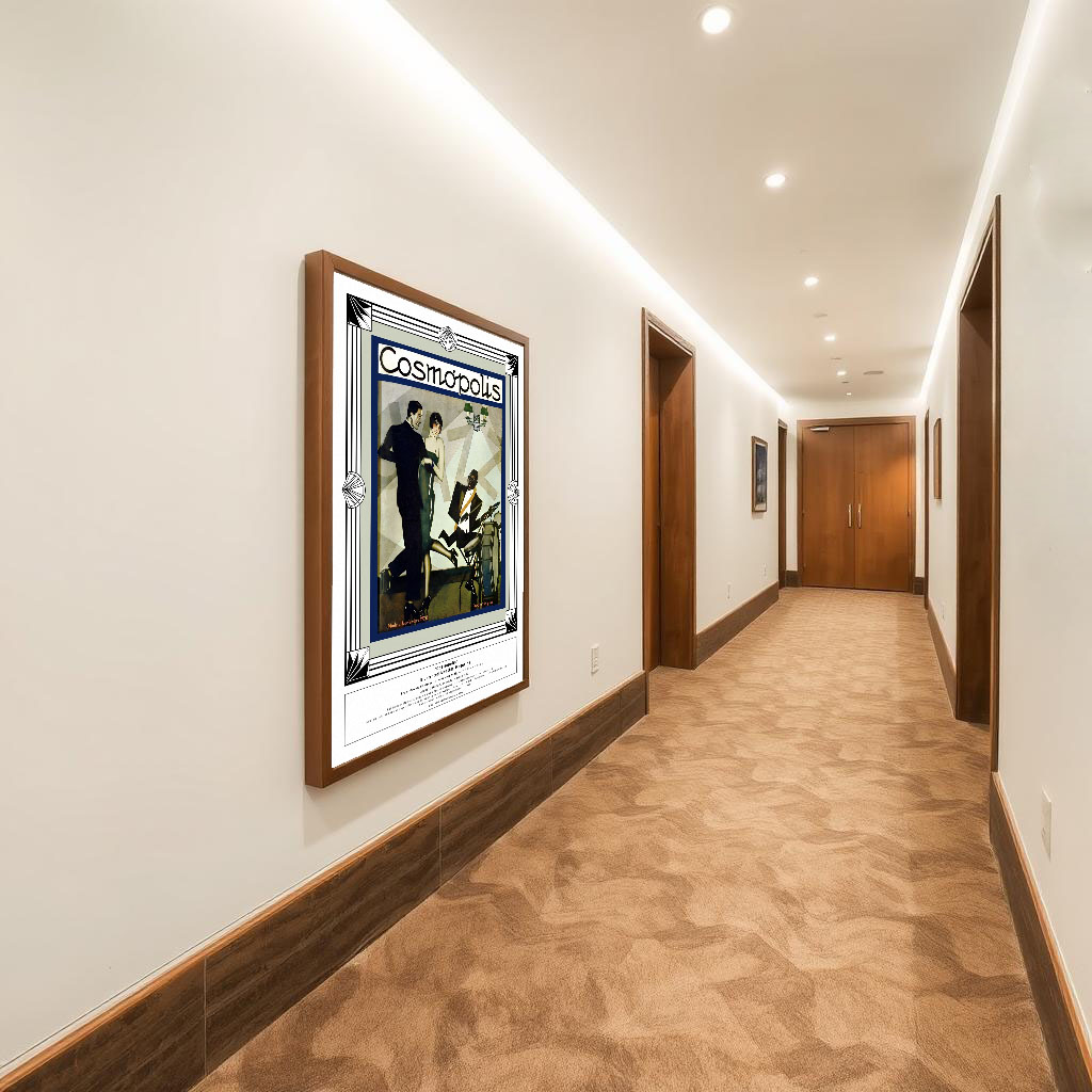 "Framed Spanish jazz Fine Art Print Fine Art Print "Cosmópolis, "Jazz Cover" November 1928, No. 12" styled in a modern hotel hallway with clean lines and neutral tones.