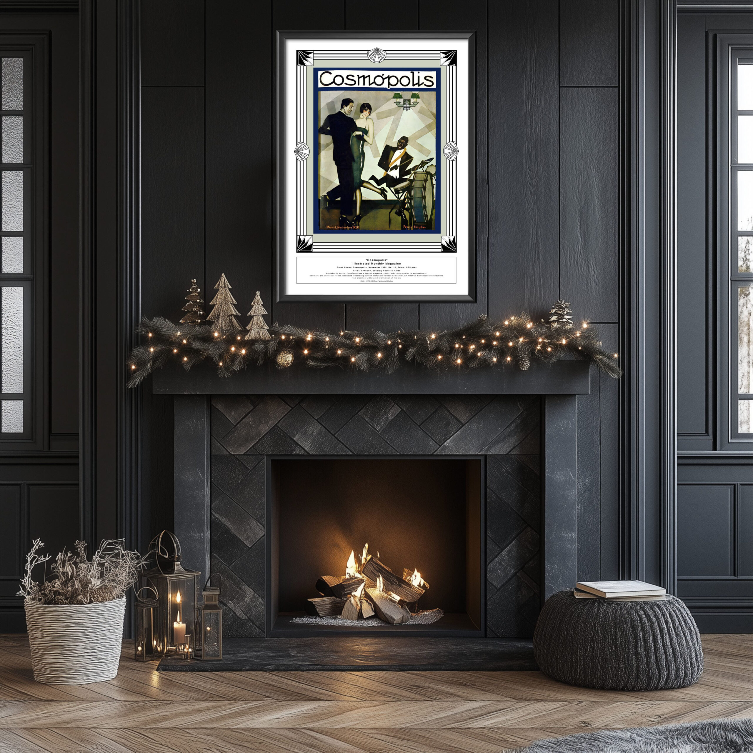 Framed Spanish jazz Fine Art Print Fine Art Print "Cosmópolis, "Jazz Cover" November 1928, No. 12" above a dark fireplace in a festive living room with Christmas garland and candles.