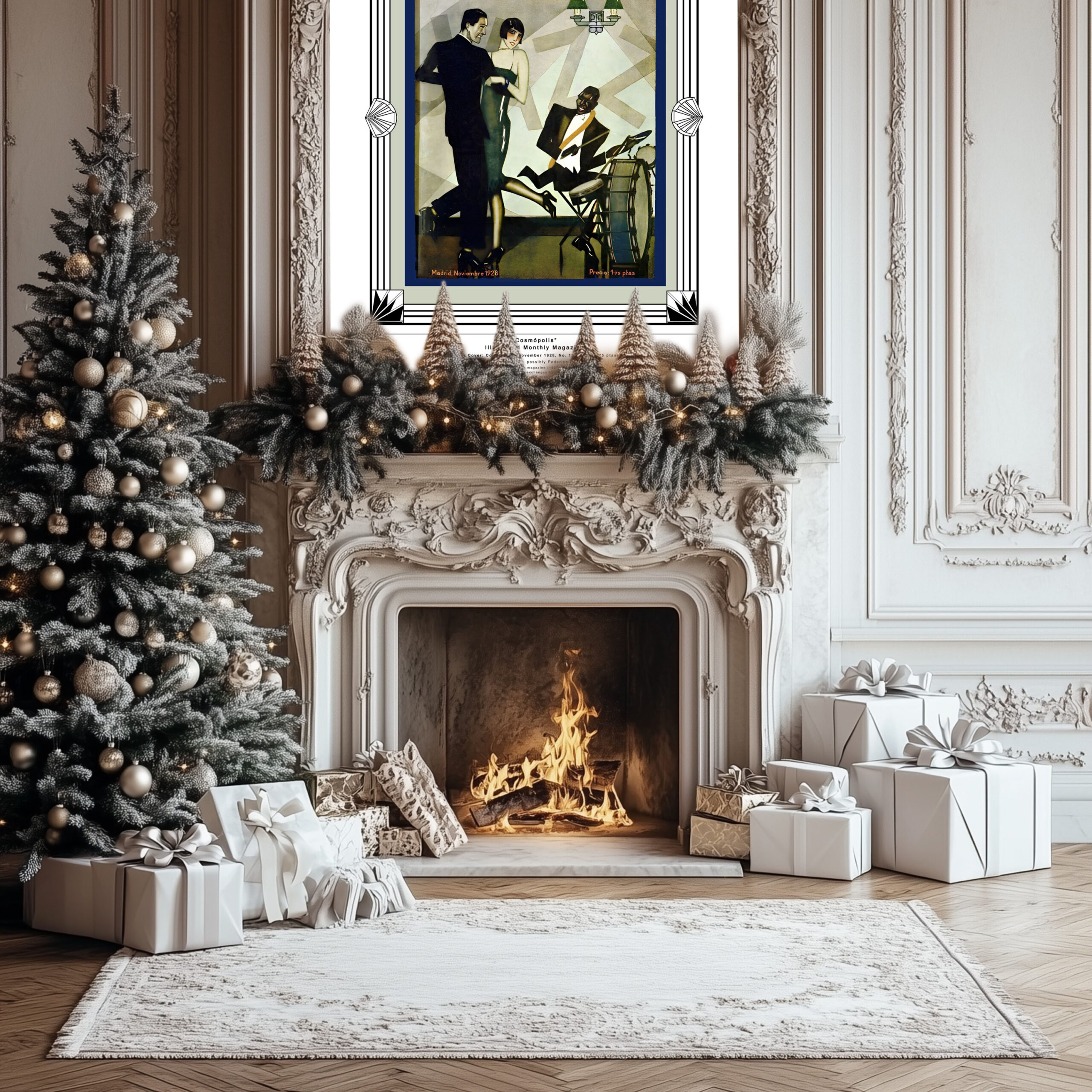 Framed Spanish jazz Fine Art Print Fine Art Print "Cosmópolis, "Jazz Cover" November 1928, No. 12" above a white ornate fireplace, surrounded by Christmas trees, gifts, and festive decorations."