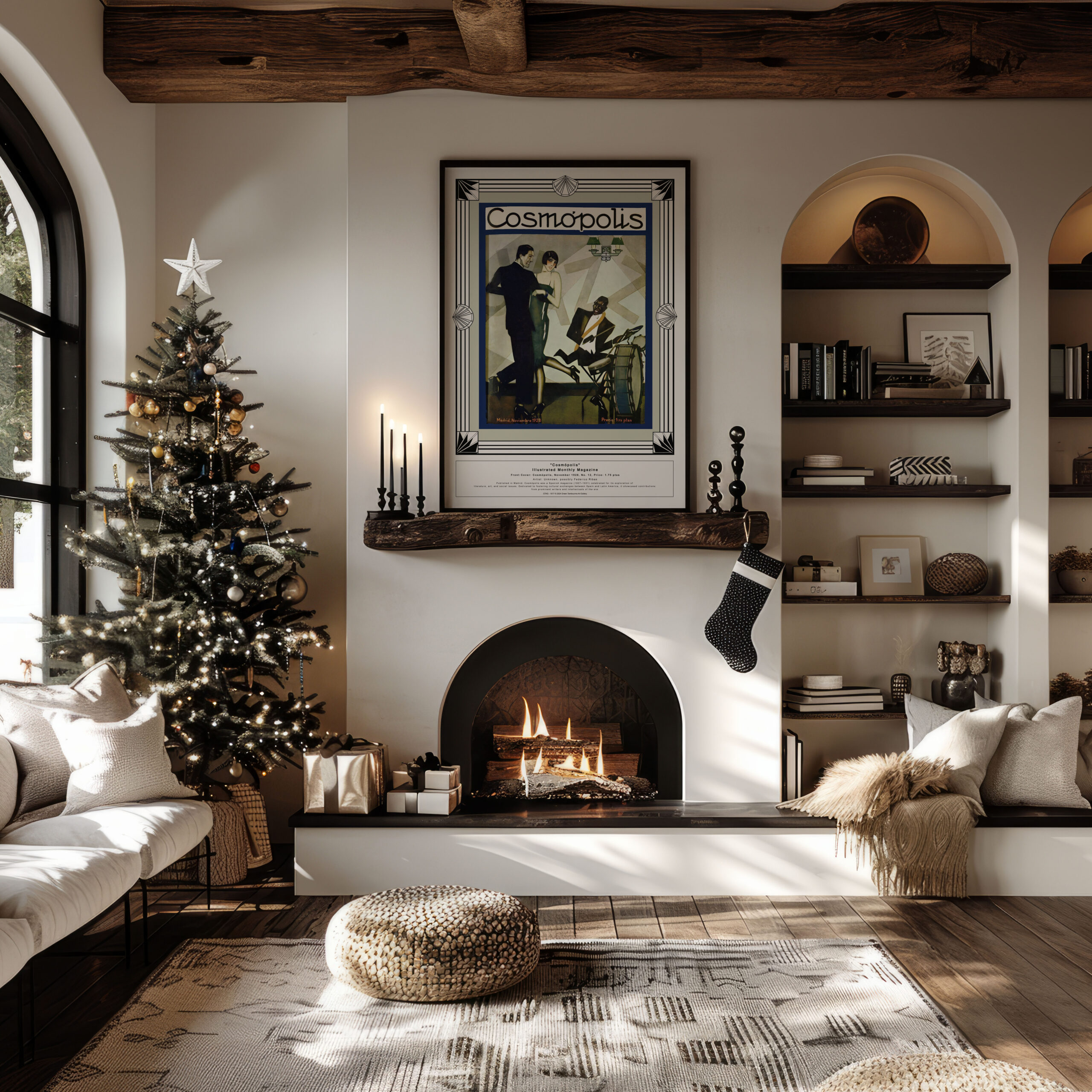 Framed Spanish jazz Fine Art Print Fine Art Print "Cosmópolis, "Jazz Cover" November 1928, No. 12" above a white ornate fireplace, surrounded by Christmas trees, gifts, and festive decorations."