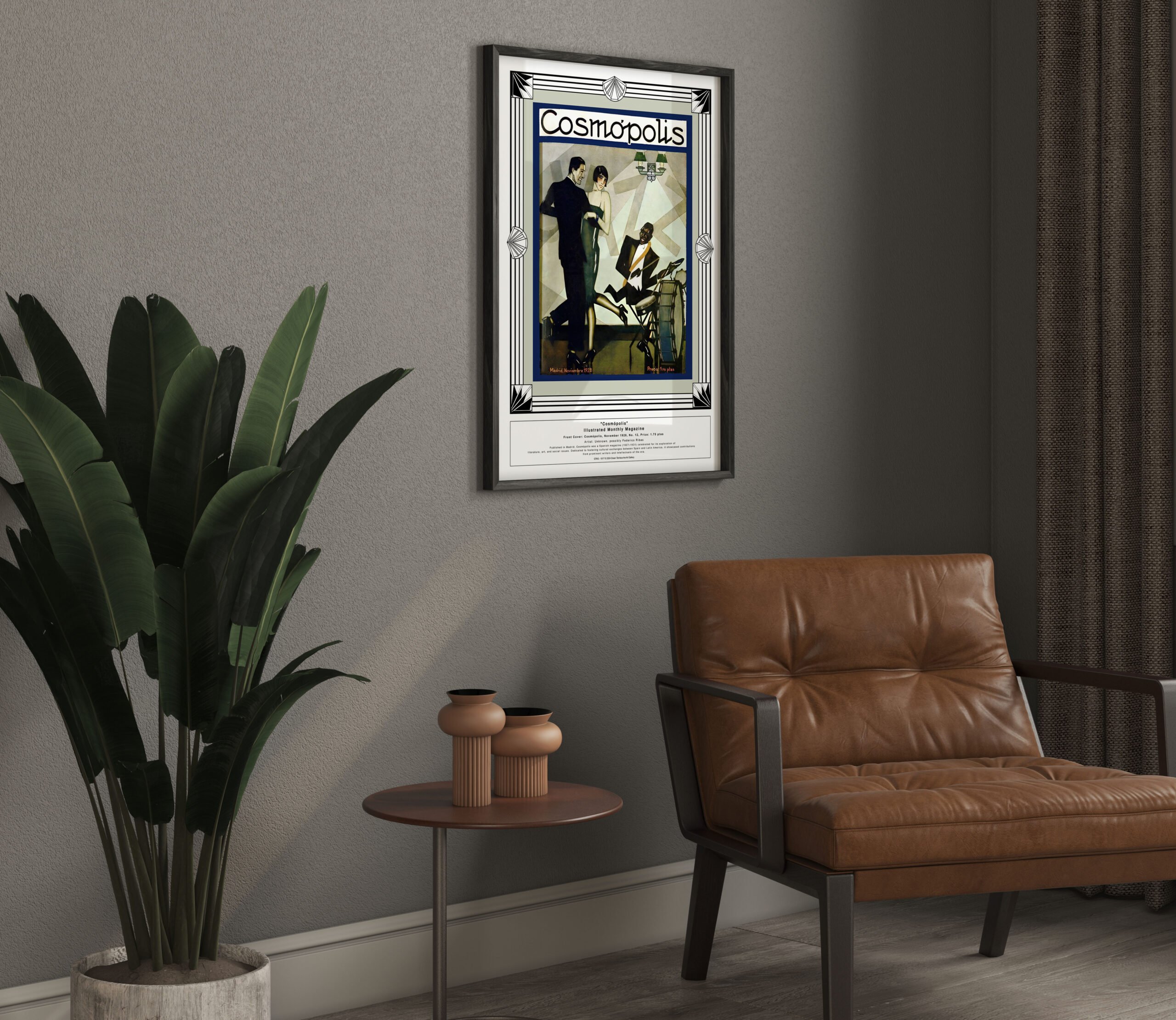 Framed Spanish jazz Fine Art Print Fine Art Print "Cosmópolis, "Jazz Cover" November 1928, No. 12"hung on a gray wall next to a leather armchair and a potted plant."