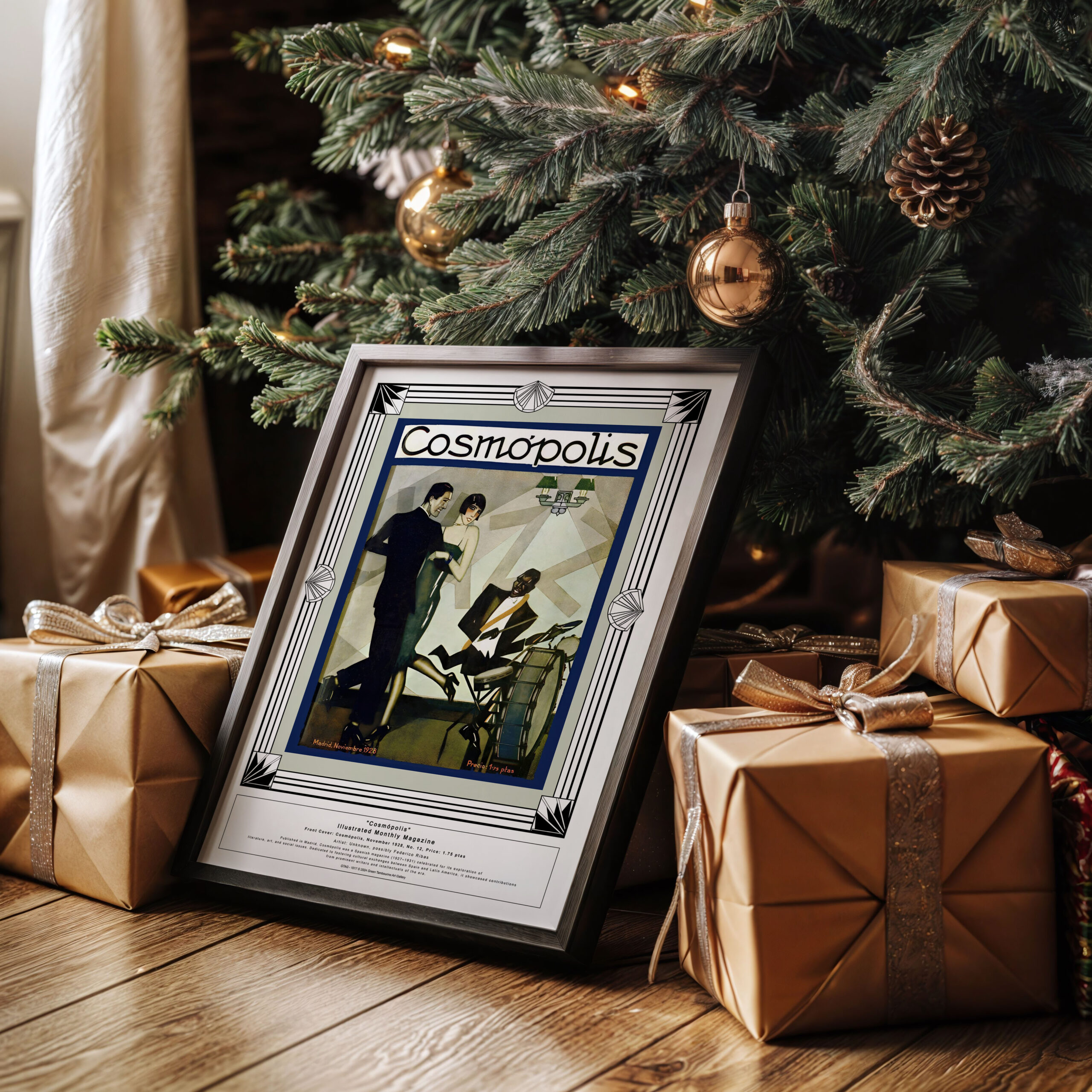 Framed Spanish jazz Fine Art Print Fine Art Print "Cosmópolis, "Jazz Cover" November 1928, No. 12 leaning against a Christmas tree with gold-wrapped presents and festive ornament