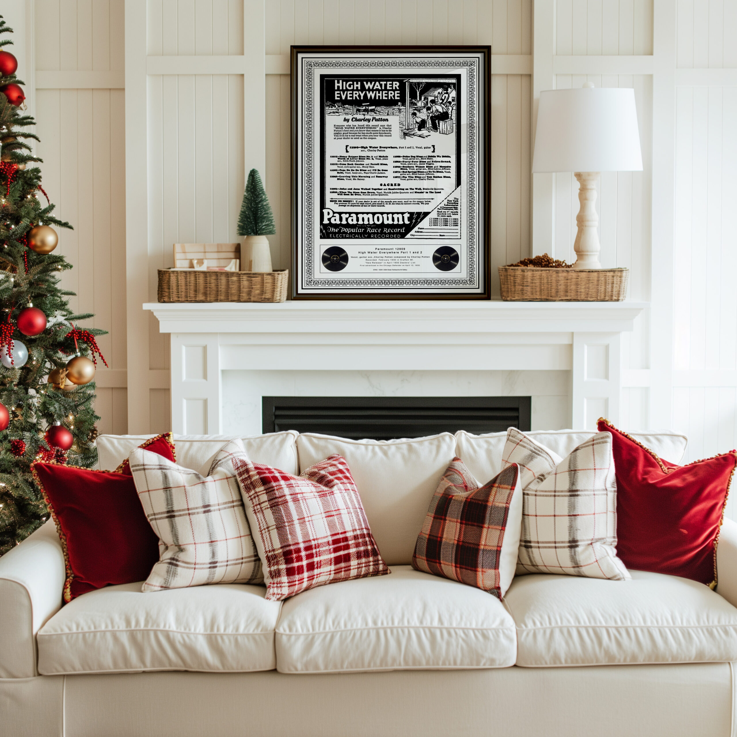 Charley Patton "High Water Everywhere" print displayed on a living room wall, over a large white fireplace showcasing its 11x14 mounted format