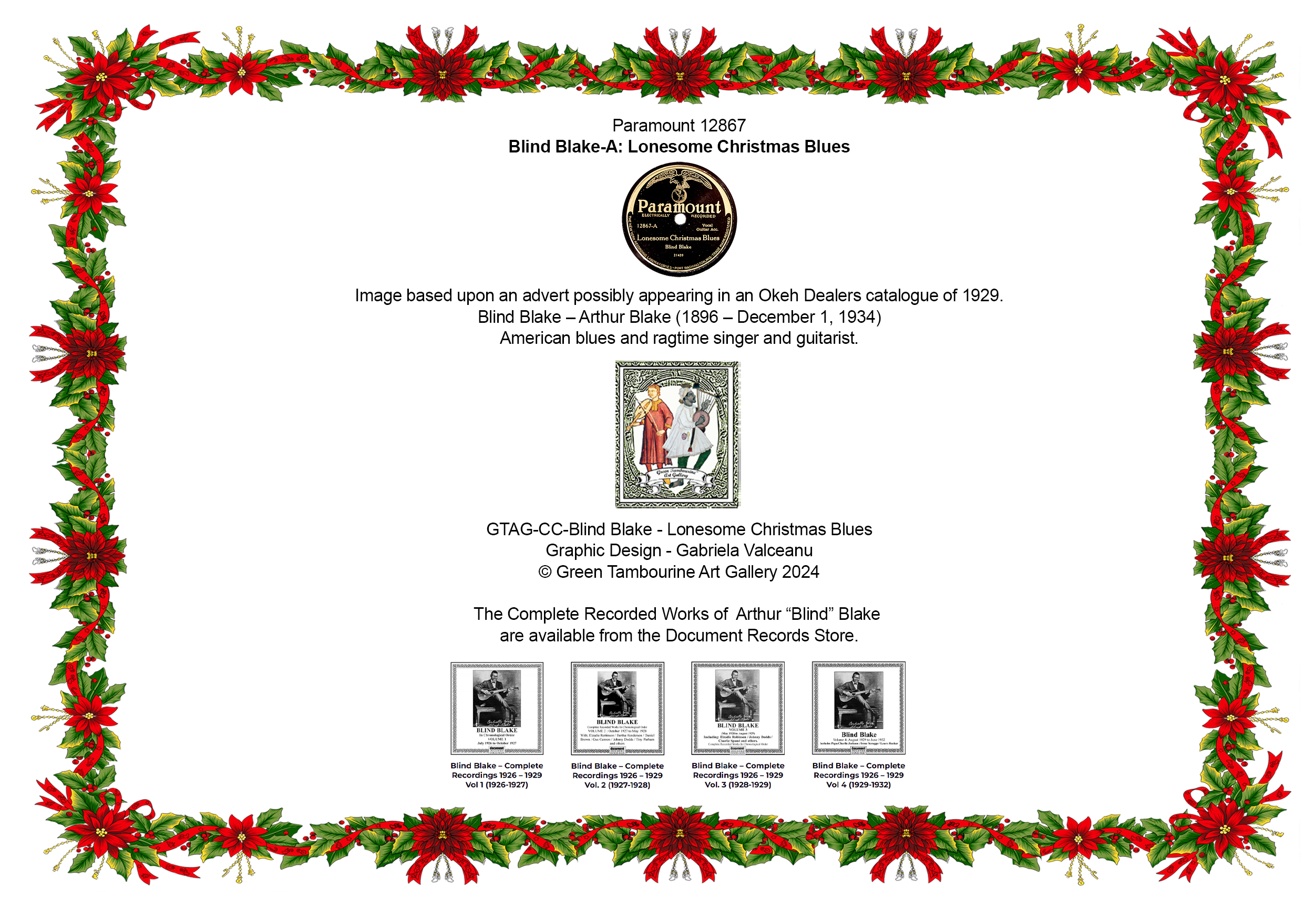 t: Back cover of the "Blind Blake Wishes You a Merry Christmas" card featuring an image of the 78rpm Paramount 12867 record for "Lonesome Christmas Blues," the Green Tambourine logo, a brief biography of Blind Blake, and Document Records CD cover images promoting "The Complete Recorded Works of Arthur 'Blind' Blake" available from the Document Store.