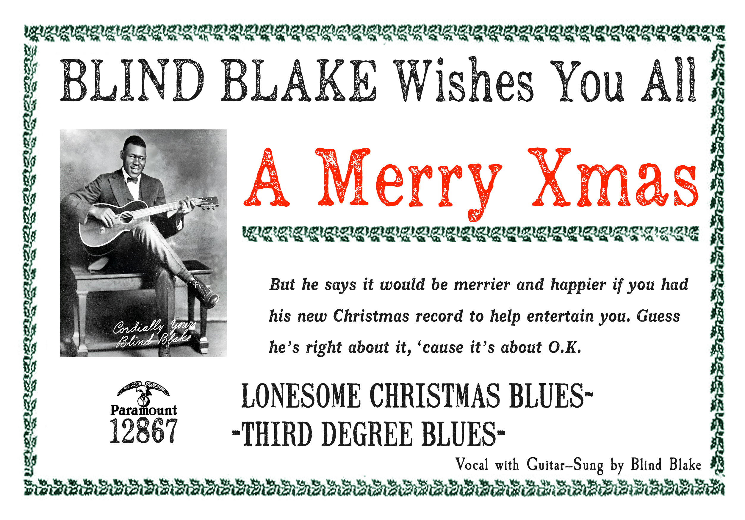 Vintage-inspired Christmas card featuring Blind Blake's "Lonesome Christmas Blues" from Paramount 12867, with artwork reminiscent of a 1929 Okeh Dealers catalogue advertisement.