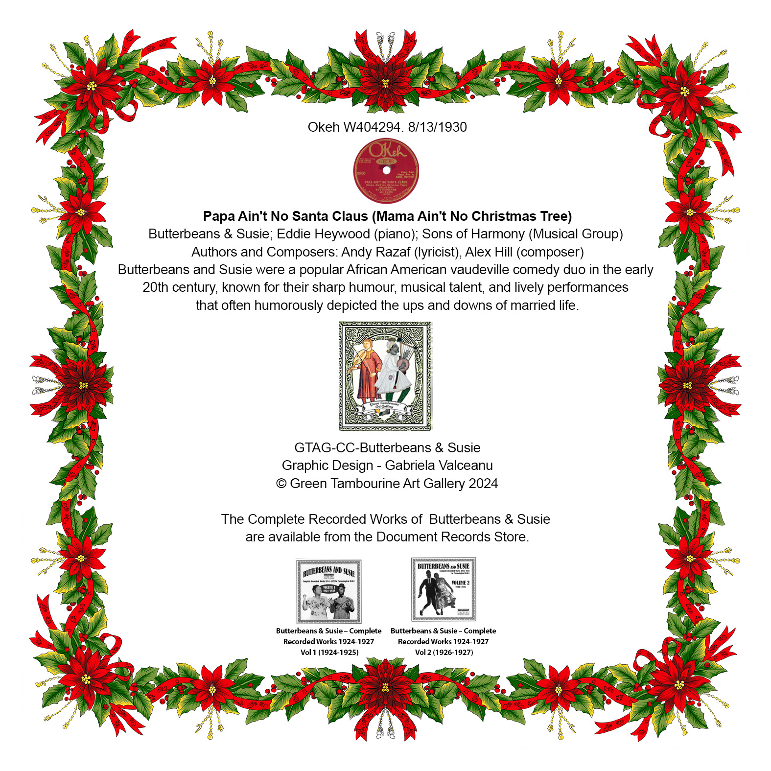 Vintage-styled Christmas card featuring Butterbeans and Susie’s 1930 song title, Okeh record label, and framed with cuetlaxochitl and holly.