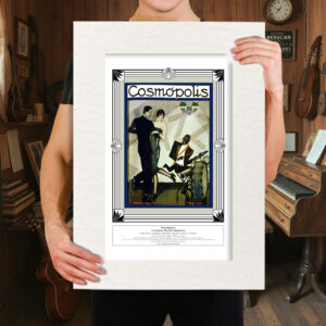 Hands holding a mounted print size 16 x 20 inches of Cosmópolis magazine cover from November 1928, featuring an elegant Art Deco illustration of a man and woman dancing beside a jazz musician. Styled with vintage typography and rich colours