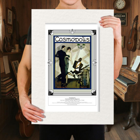 Hands holding a mounted print size 16 x 20 inches of Cosmópolis magazine cover from November 1928, featuring an elegant Art Deco illustration of a man and woman dancing beside a jazz musician. Styled with vintage typography and rich colours