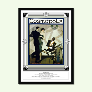 Framed Spanish jazz Fine Art Print Fine Art Print "Cosmópolis, "Jazz Cover" November 1928, No. 12" above a white ornate fireplace, surrounded by Christmas trees, gifts, and festive decorations."