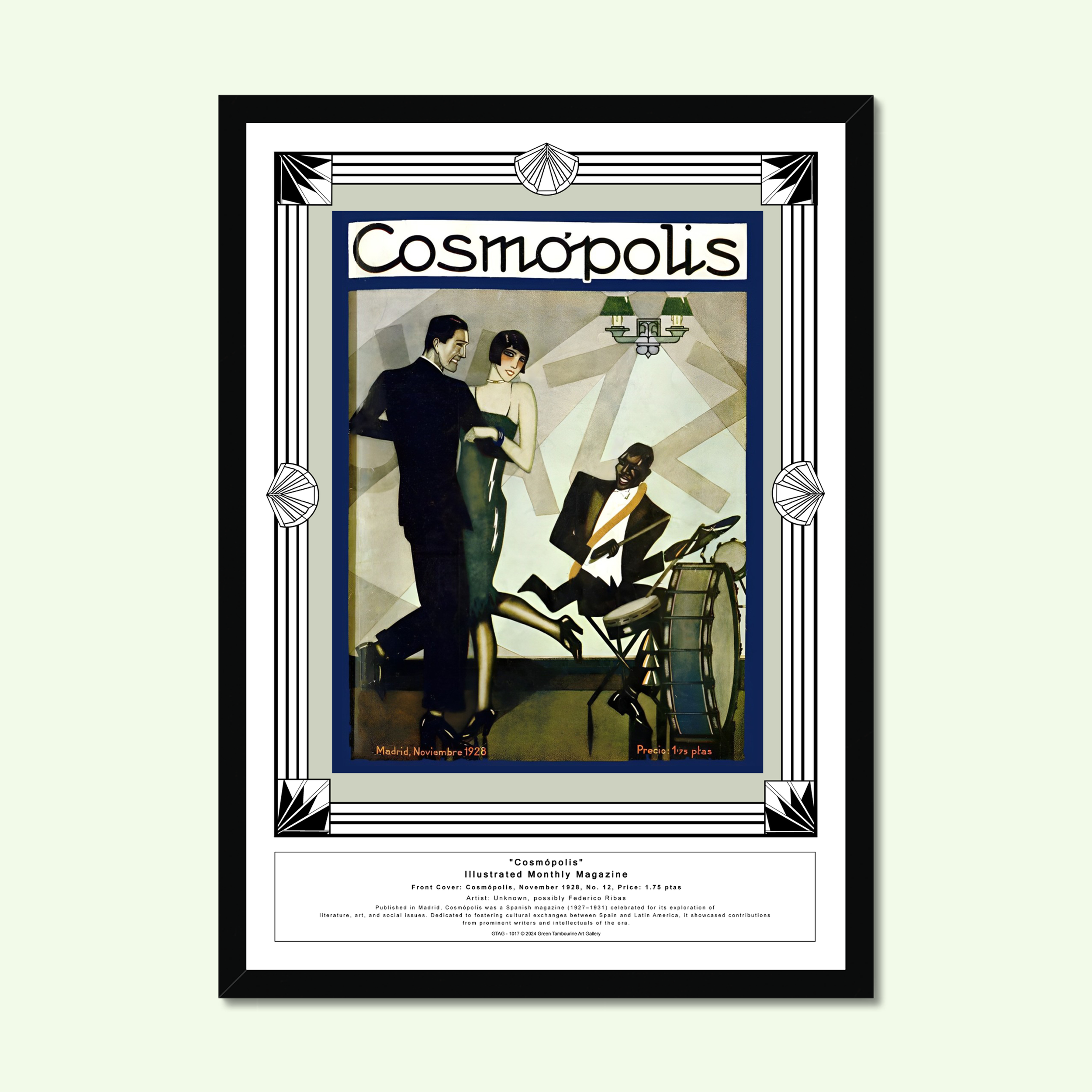 Framed Spanish jazz Fine Art Print Fine Art Print "Cosmópolis, "Jazz Cover" November 1928, No. 12" above a white ornate fireplace, surrounded by Christmas trees, gifts, and festive decorations."