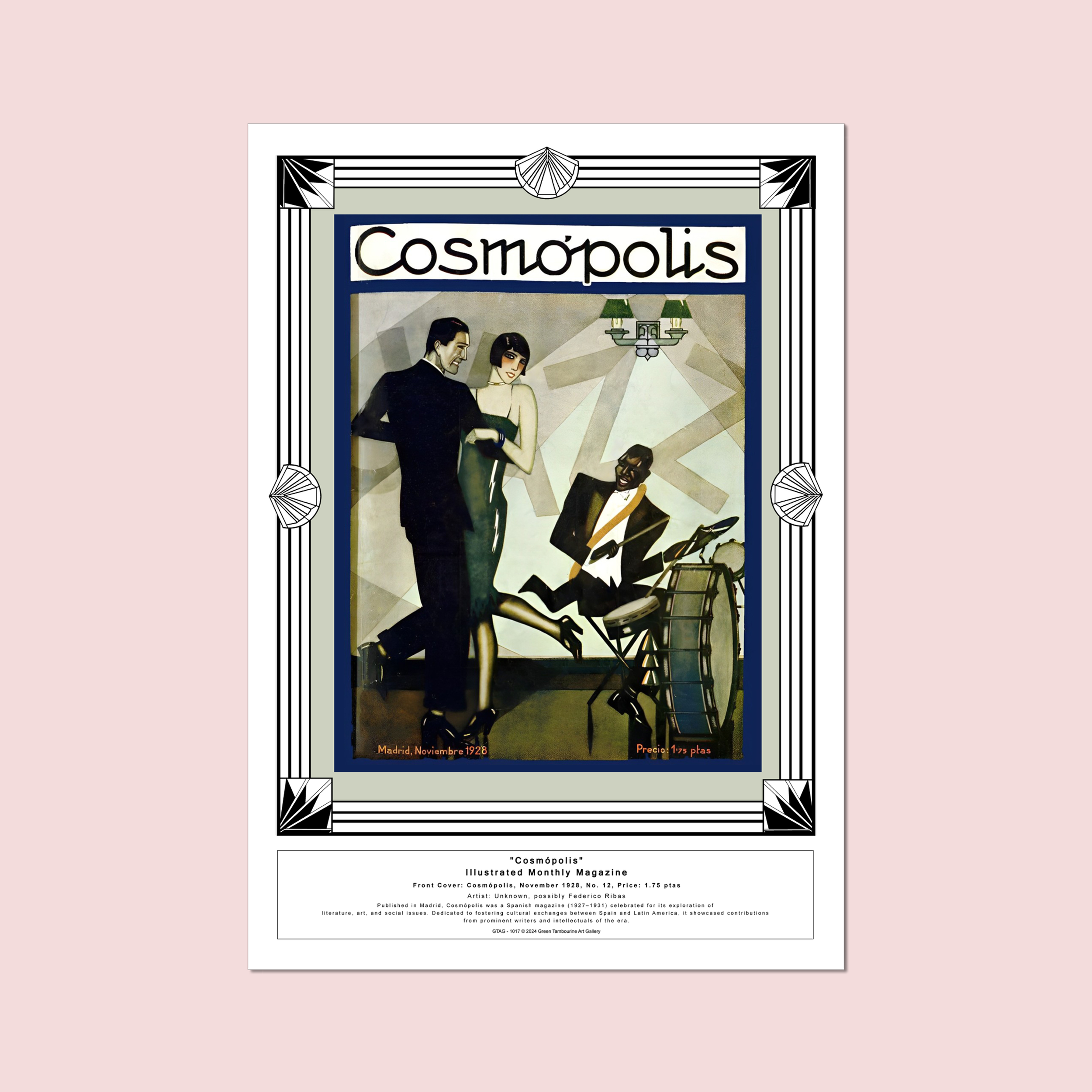 Mock Image with Pink Background of Cosmópolis magazine cover from November 1928, featuring an elegant Art Deco illustration of a man and woman dancing beside a jazz musician. Styled with vintage typography and rich colors.