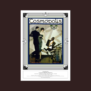Mock Image with Pink Background of Cosmópolis magazine cover from November 1928, featuring an elegant Art Deco illustration of a man and woman dancing beside a jazz musician. Styled with vintage typography and rich colors.