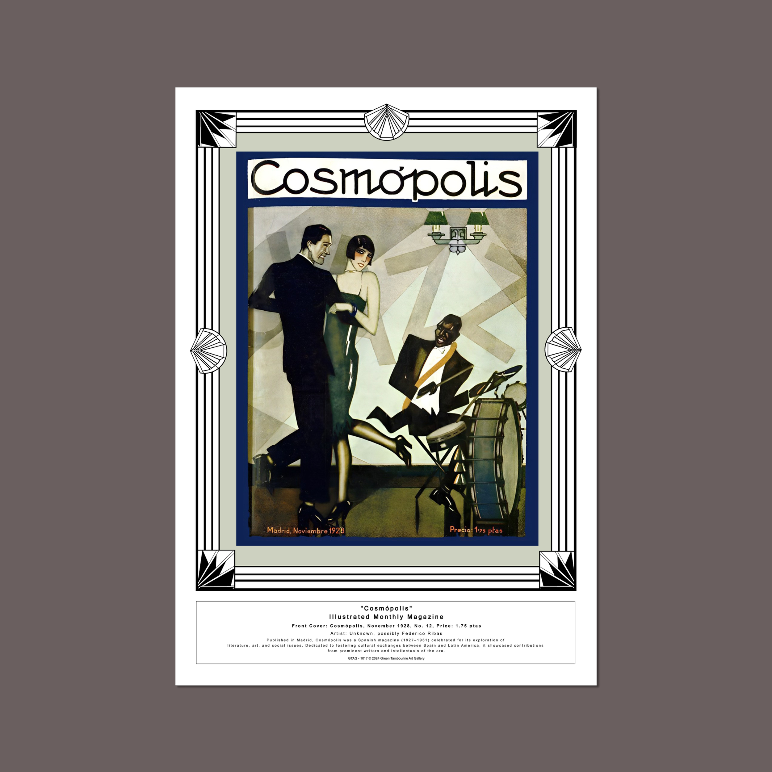 Mock Image with Grey Background of Cosmópolis magazine cover from November 1928, featuring an elegant Art Deco illustration of a man and woman dancing beside a jazz musician. Styled with vintage typography and rich colors.