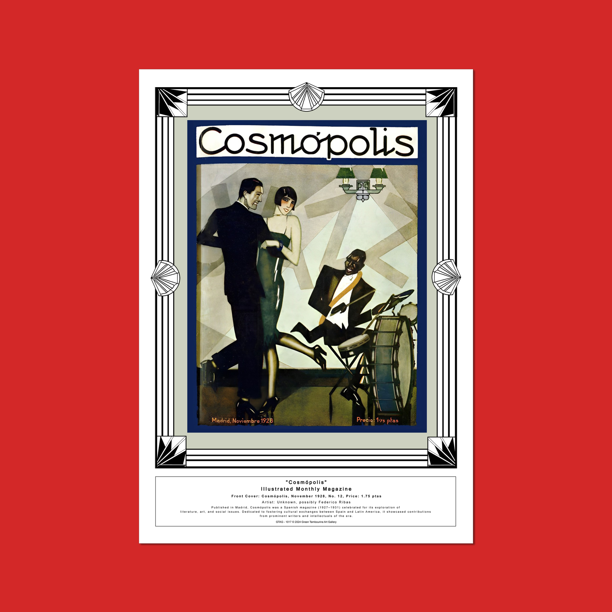 Mock Image with Red Background of Cosmópolis magazine cover from November 1928, featuring an elegant Art Deco illustration of a man and woman dancing beside a jazz musician. Styled with vintage typography and rich colors.