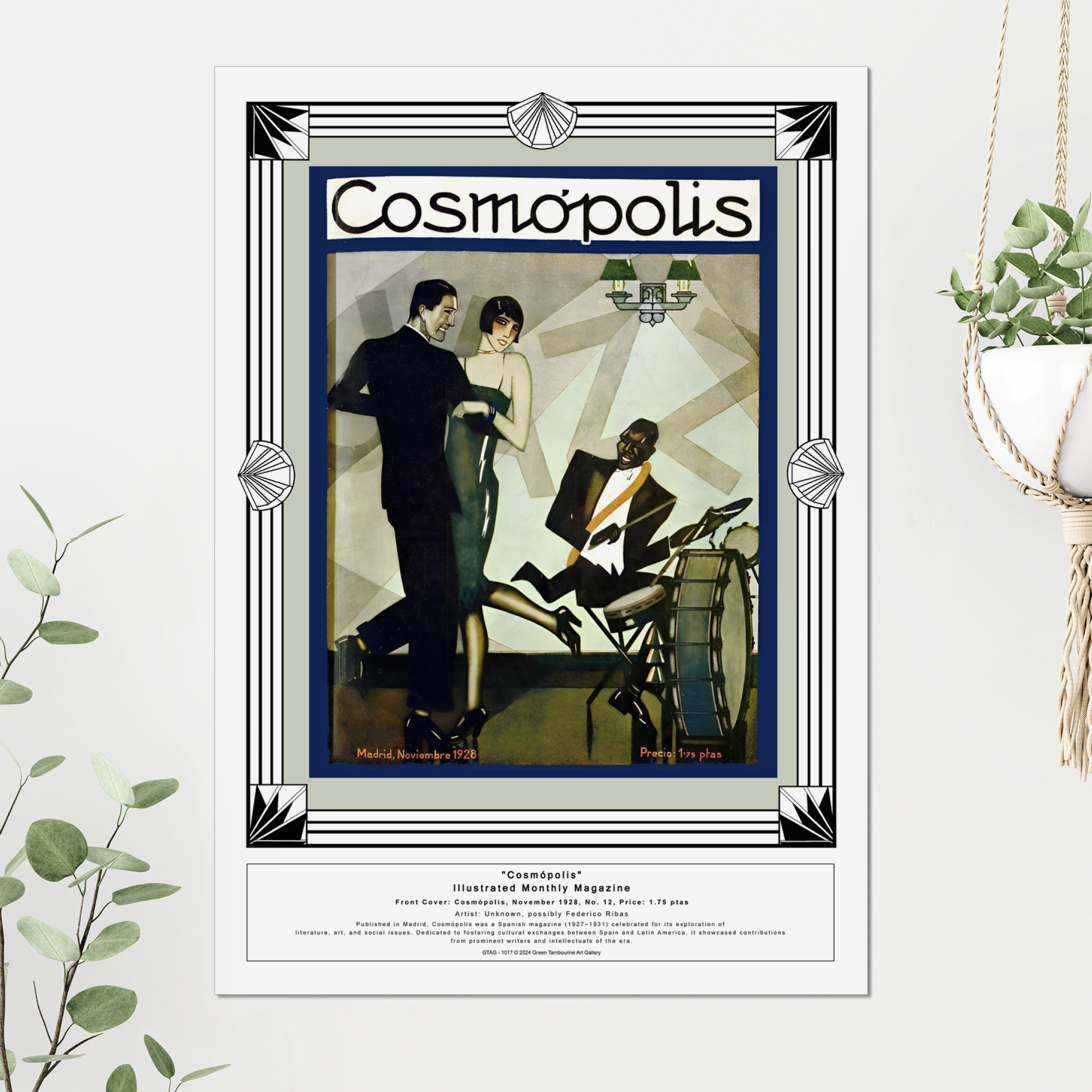 Mock Image with Greenery Background of Cosmópolis magazine cover from November 1928, featuring an elegant Art Deco illustration of a man and woman dancing beside a jazz musician. Styled with vintage typography and rich colors.