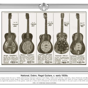 "Vintage advertisement of National, Dobro, and Regal guitars from the early 1930s, with detailed illustrations and pricing information."