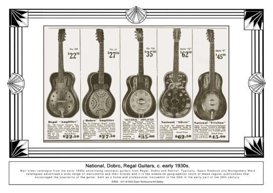 "Vintage advertisement of National, Dobro, and Regal guitars from the early 1930s, with detailed illustrations and pricing information."