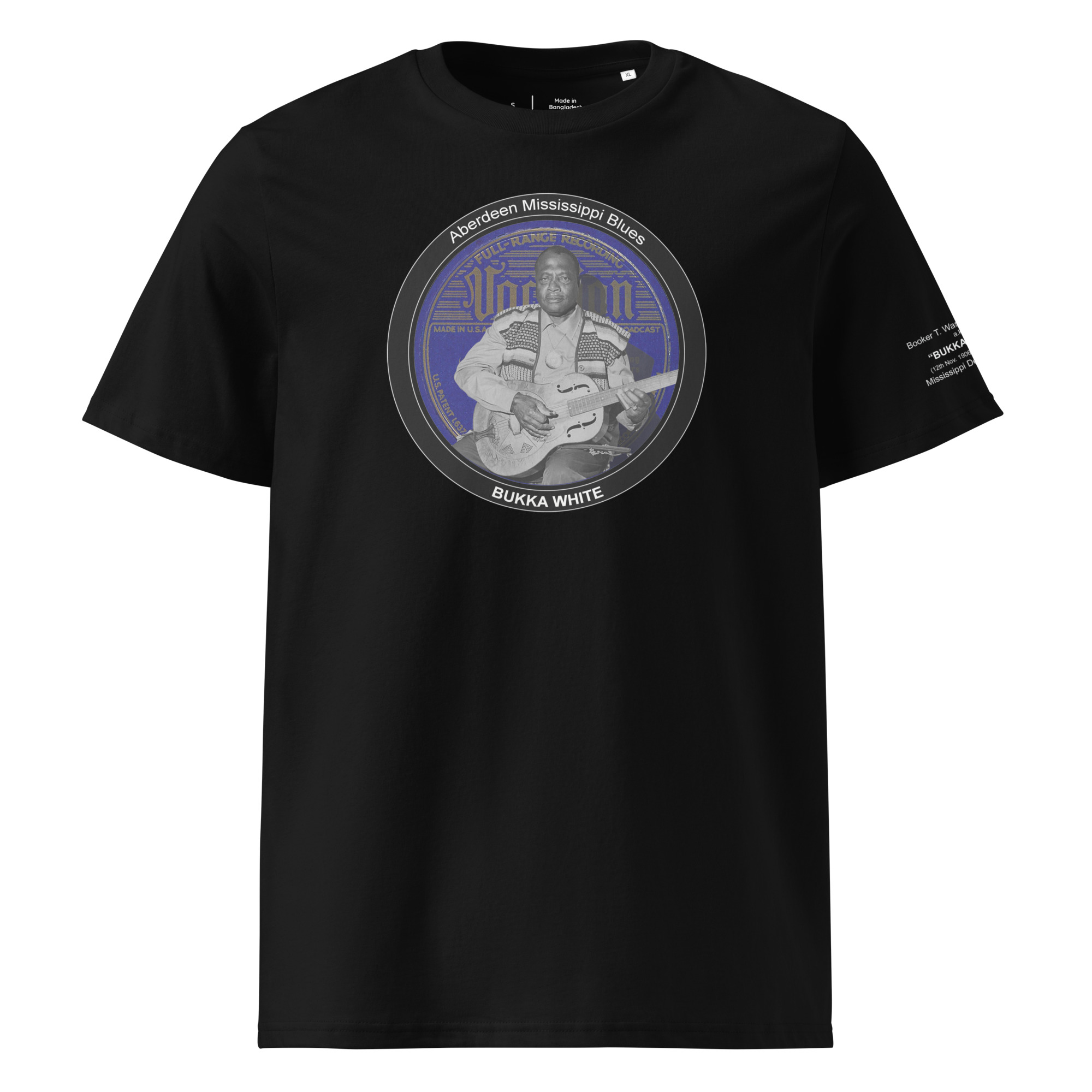 Black unisex organic cotton t-shirt featuring Bukka White and 'Aberdeen Mississippi Blues' record-inspired design"