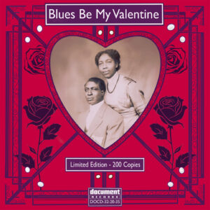 Limited edition album cover for Blues Be My Valentine, featuring a vintage portrait of Winston and Addie Holmes inside a heart-shaped frame, surrounded by an ornate red and black Art Deco-style design with roses.