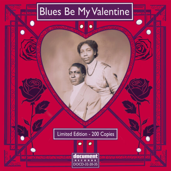Limited edition album cover for Blues Be My Valentine, featuring a vintage portrait of Winston and Addie Holmes inside a heart-shaped frame, surrounded by an ornate red and black Art Deco-style design with roses.