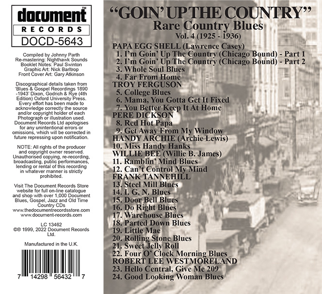 Back cover of Goin’ Up the Country – Rare Country Blues, Vol. 4 (DOCD-5643) by Document Records. The background features a faded historical city scene, while the tracklist, production credits, and copyright details are presented in black text.